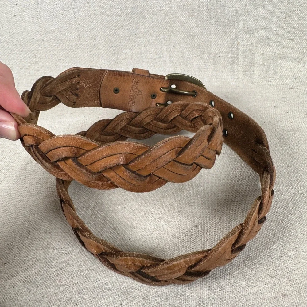 Vintage‎ Brown Braided Genuine Leather Belt XL Double Prong Buckle Wide Boho
